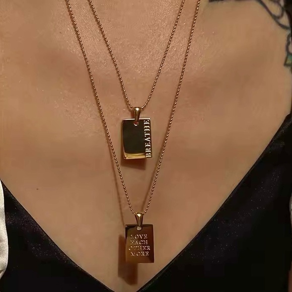 Undefined Jewelry - New 18k Gold Steel "Breathe" Tag Statement Square Pendant Necklace